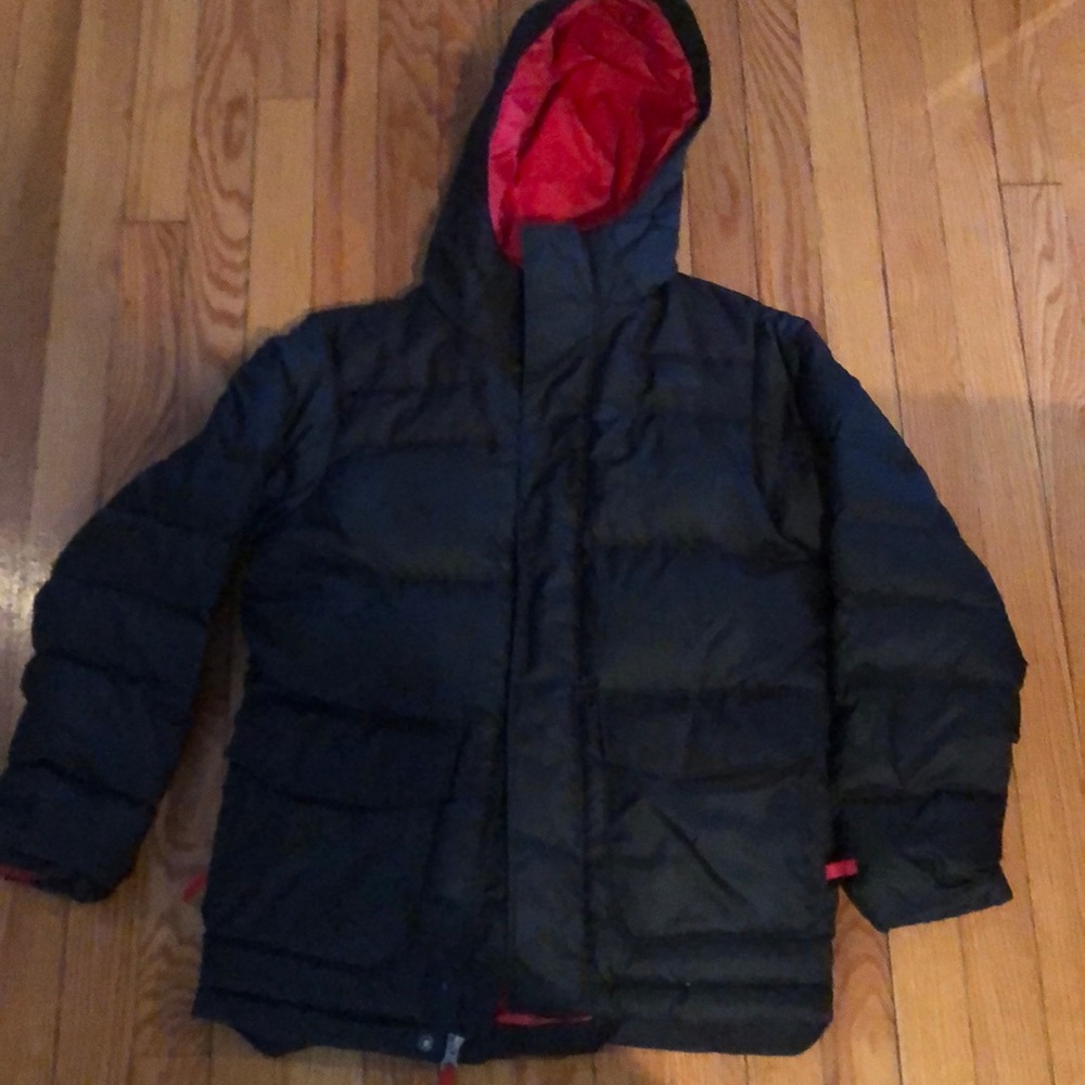 North Face down jacket black and red with hood
